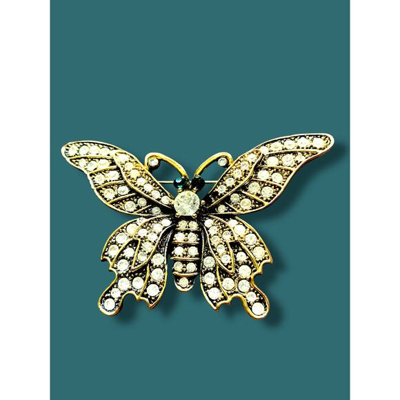 Vintage Butterfly Brooch Clear and Green Glass Gems - Picture 1 of 6